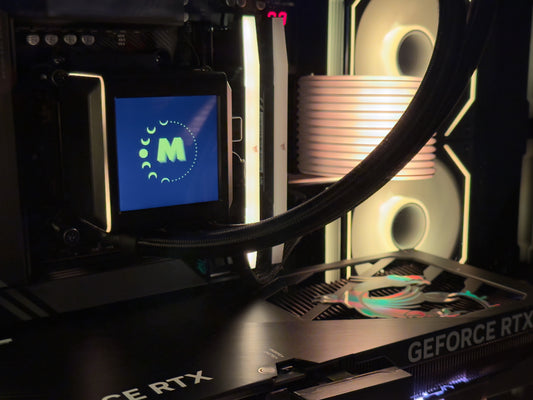 Close-up of a computer graphics card with a brand logo on a dark background